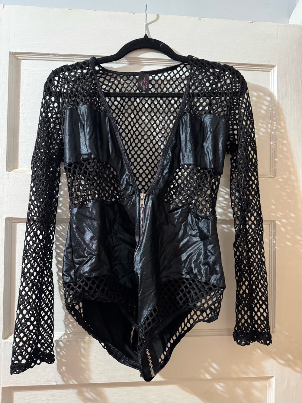 Music Legs Black Fishnet Top with Pink Logo Tag